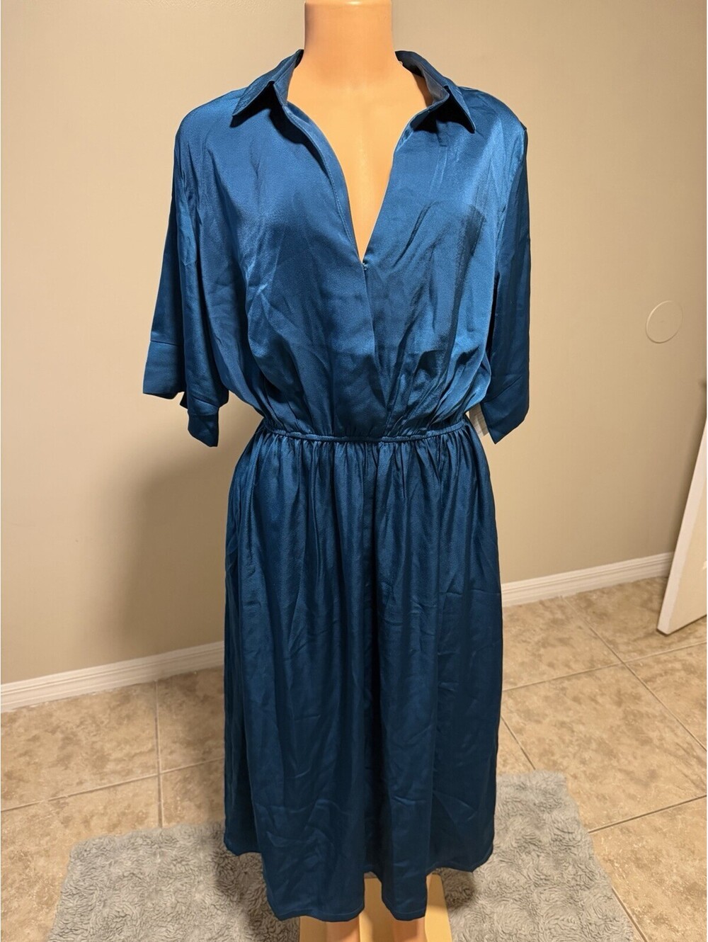 Melloday Blue Satin Collared Half Sleeve Midi Shirt Dress with Pockets